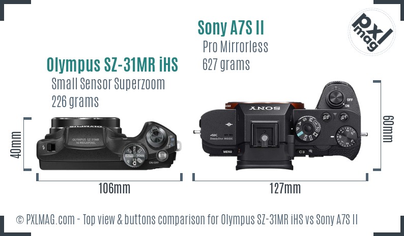 Olympus SZ-31MR iHS vs Sony A7S II top view buttons comparison
