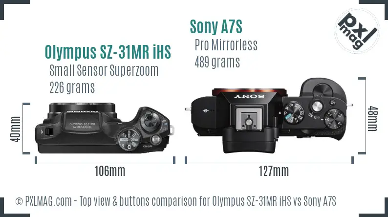 Olympus SZ-31MR iHS vs Sony A7S top view buttons comparison Olympus SZ-31MR iHS vs Sony A7S top view buttons comparison