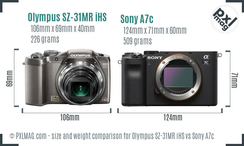 Olympus SZ-31MR iHS vs Sony A7c size comparison