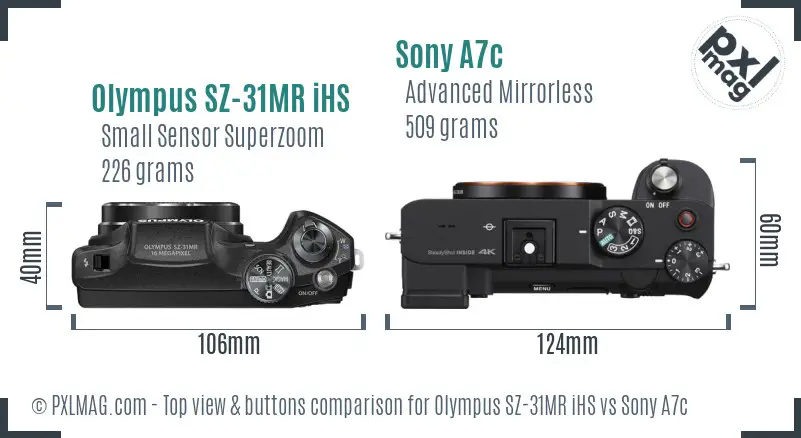 Olympus SZ-31MR iHS vs Sony A7c top view buttons comparison