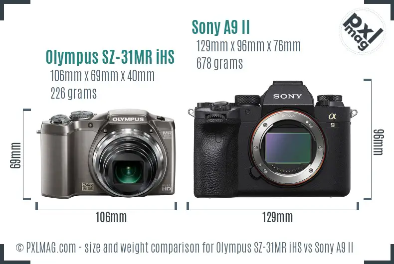 Olympus SZ-31MR iHS vs Sony A9 II size comparison