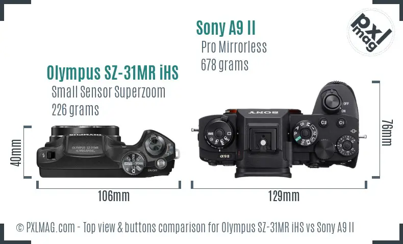 Olympus SZ-31MR iHS vs Sony A9 II top view buttons comparison
