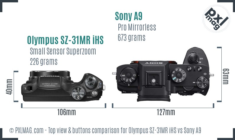 Olympus SZ-31MR iHS vs Sony A9 top view buttons comparison