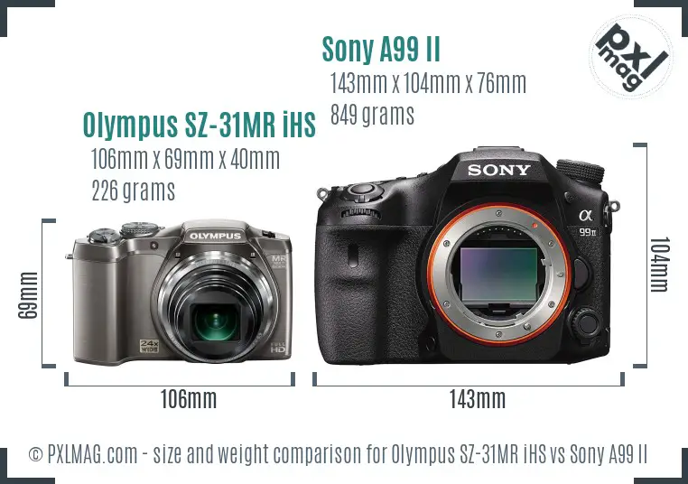 Olympus SZ-31MR iHS vs Sony A99 II size comparison
