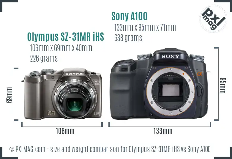 Olympus SZ-31MR iHS vs Sony A100 size comparison