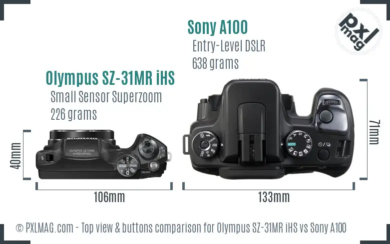 Olympus SZ-31MR iHS vs Sony A100 top view buttons comparison