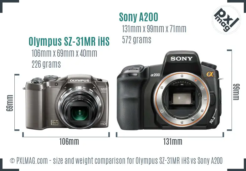 Olympus SZ-31MR iHS vs Sony A200 size comparison