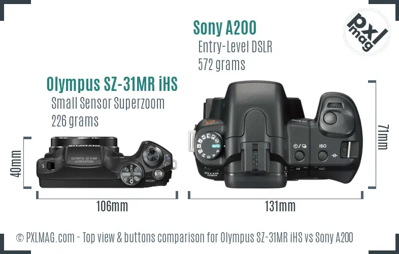 Olympus SZ-31MR iHS vs Sony A200 top view buttons comparison