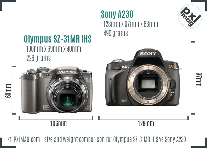Olympus SZ-31MR iHS vs Sony A230 size comparison