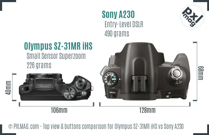 Olympus SZ-31MR iHS vs Sony A230 top view buttons comparison