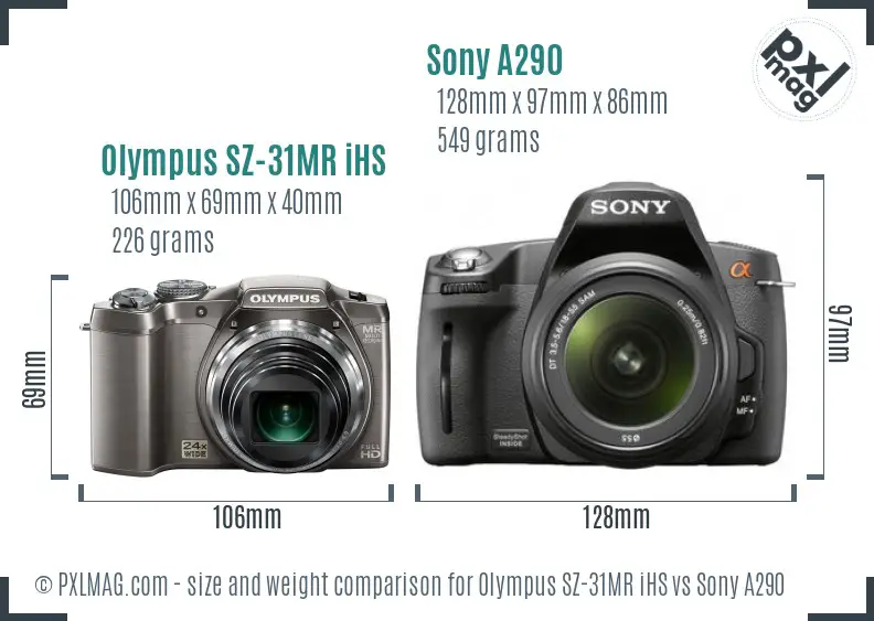 Olympus SZ-31MR iHS vs Sony A290 size comparison