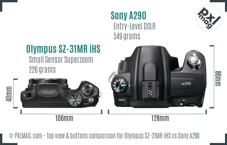 Olympus SZ-31MR iHS vs Sony A290 top view buttons comparison