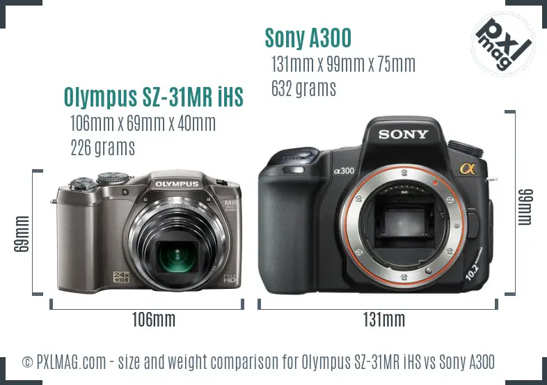 Olympus SZ-31MR iHS vs Sony A300 size comparison