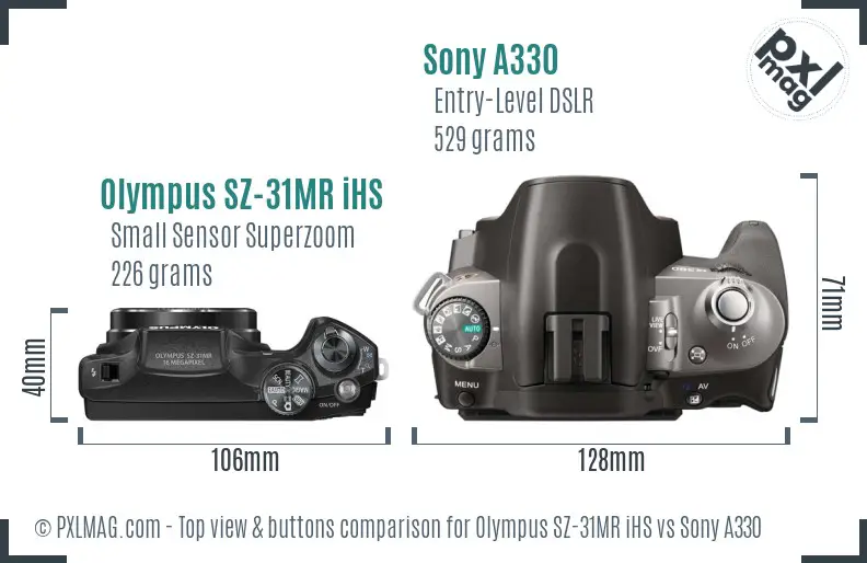 Olympus SZ-31MR iHS vs Sony A330 top view buttons comparison