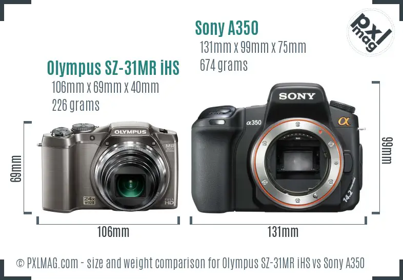 Olympus SZ-31MR iHS vs Sony A350 size comparison