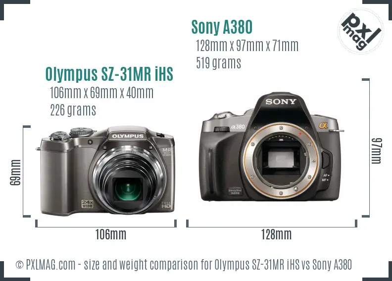 Olympus SZ-31MR iHS vs Sony A380 size comparison