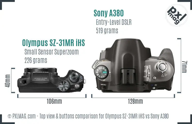 Olympus SZ-31MR iHS vs Sony A380 top view buttons comparison