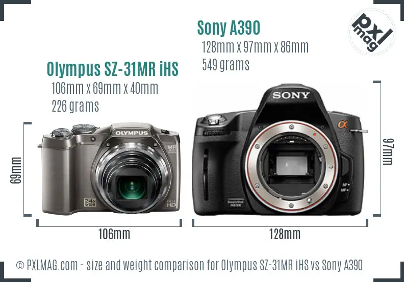 Olympus SZ-31MR iHS vs Sony A390 size comparison