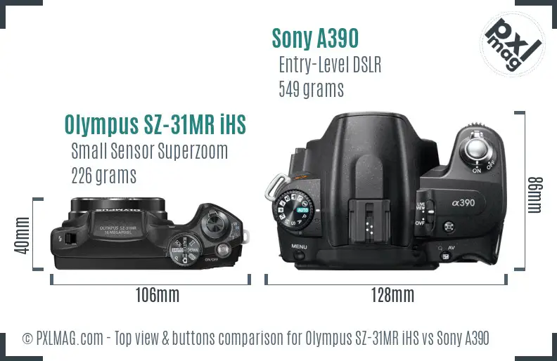 Olympus SZ-31MR iHS vs Sony A390 top view buttons comparison