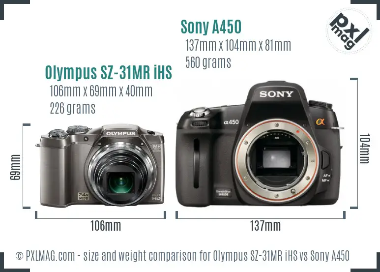 Olympus SZ-31MR iHS vs Sony A450 size comparison