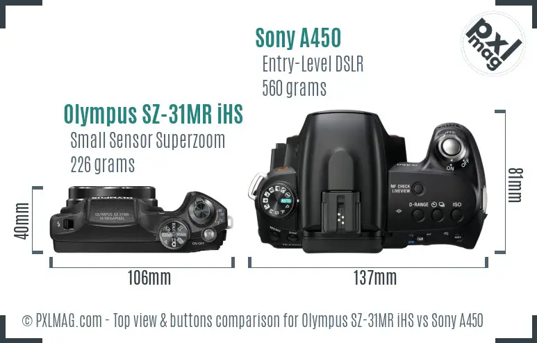 Olympus SZ-31MR iHS vs Sony A450 top view buttons comparison