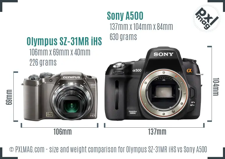 Olympus SZ-31MR iHS vs Sony A500 size comparison