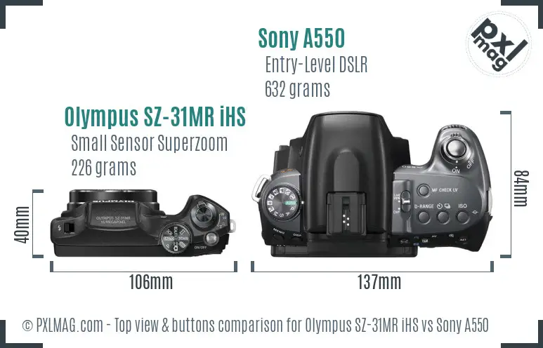 Olympus SZ-31MR iHS vs Sony A550 top view buttons comparison