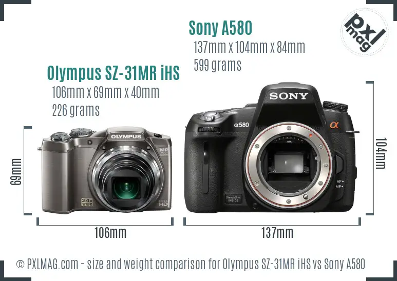 Olympus SZ-31MR iHS vs Sony A580 size comparison