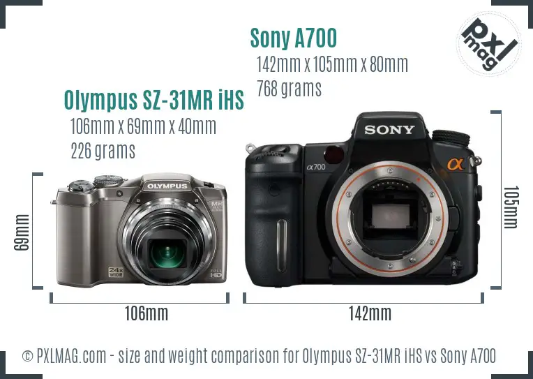 Olympus SZ-31MR iHS vs Sony A700 size comparison