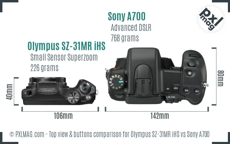 Olympus SZ-31MR iHS vs Sony A700 top view buttons comparison
