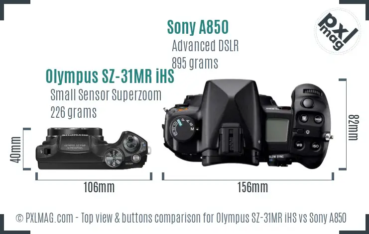 Olympus SZ-31MR iHS vs Sony A850 top view buttons comparison