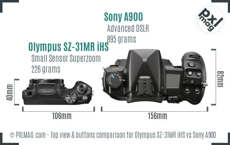 Olympus SZ-31MR iHS vs Sony A900 top view buttons comparison