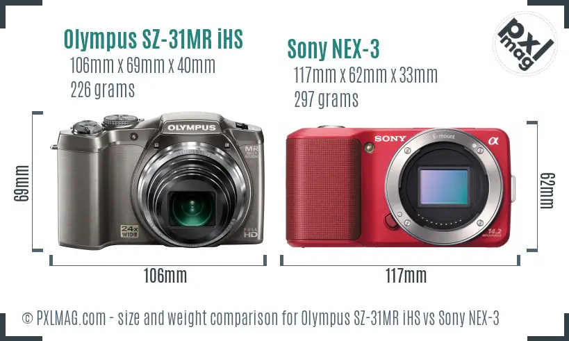 Olympus SZ-31MR iHS vs Sony NEX-3 size comparison