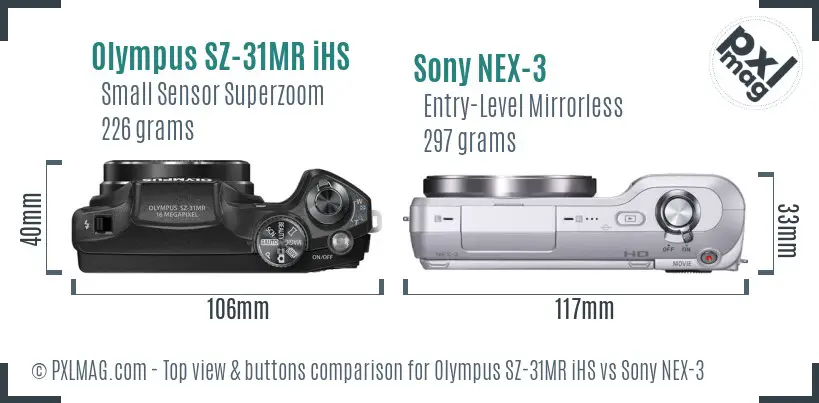 Olympus SZ-31MR iHS vs Sony NEX-3 top view buttons comparison
