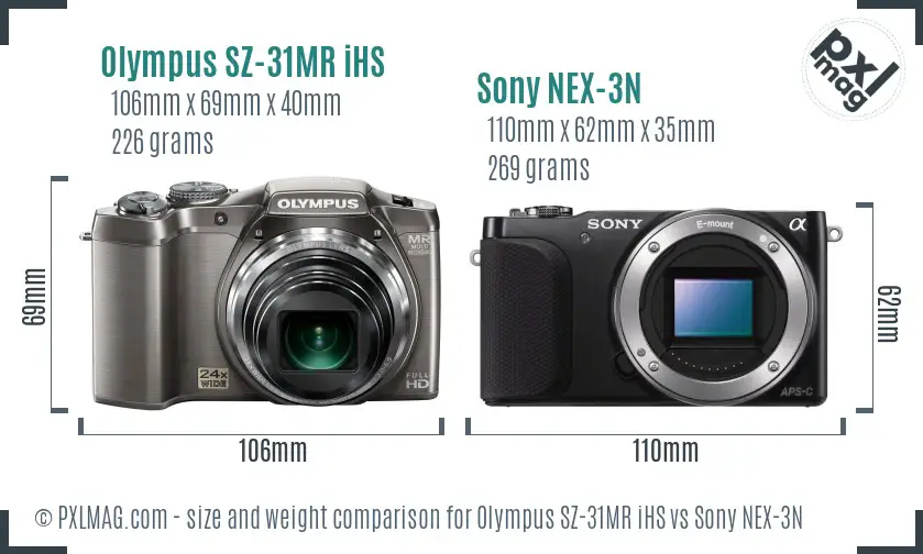 Olympus SZ-31MR iHS vs Sony NEX-3N size comparison