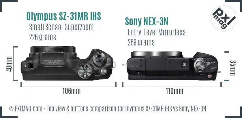 Olympus SZ-31MR iHS vs Sony NEX-3N top view buttons comparison