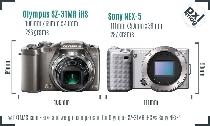 Olympus SZ-31MR iHS vs Sony NEX-5 size comparison