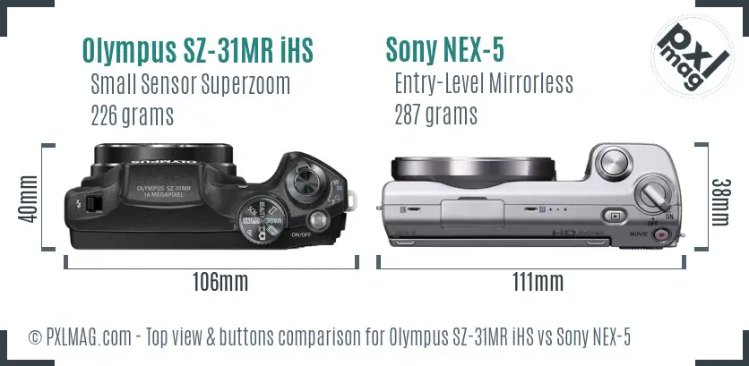 Olympus SZ-31MR iHS vs Sony NEX-5 top view buttons comparison