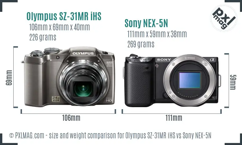 Olympus SZ-31MR iHS vs Sony NEX-5N size comparison