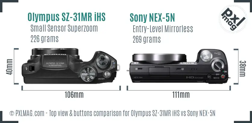 Olympus SZ-31MR iHS vs Sony NEX-5N top view buttons comparison