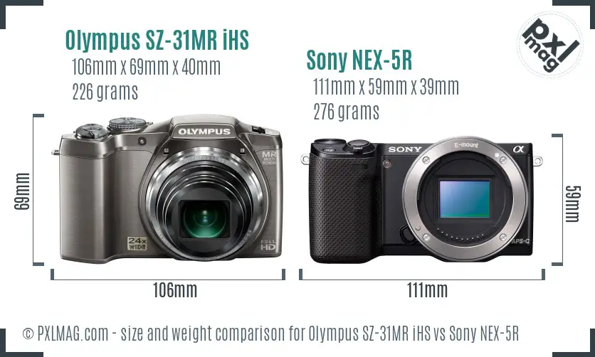 Olympus SZ-31MR iHS vs Sony NEX-5R size comparison