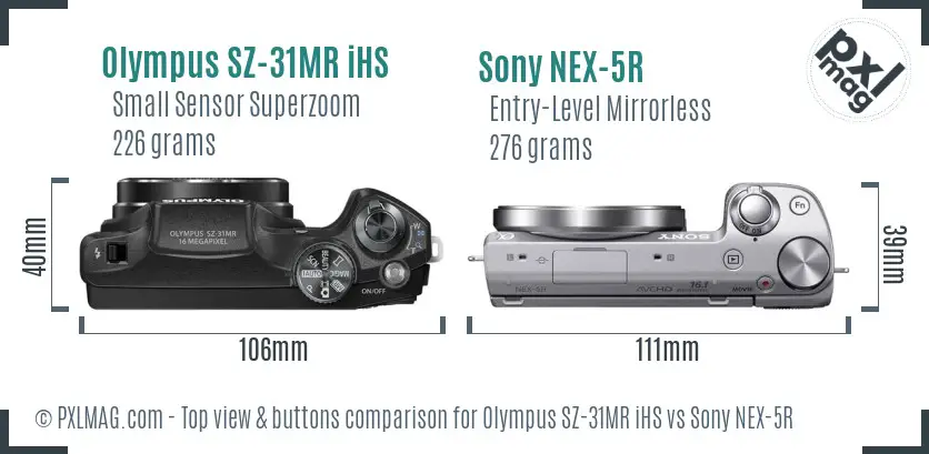 Olympus SZ-31MR iHS vs Sony NEX-5R top view buttons comparison