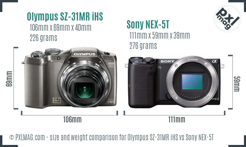 Olympus SZ-31MR iHS vs Sony NEX-5T size comparison
