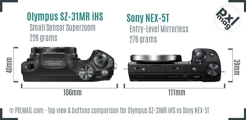Olympus SZ-31MR iHS vs Sony NEX-5T top view buttons comparison
