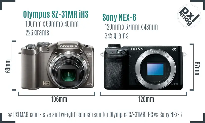 Olympus SZ-31MR iHS vs Sony NEX-6 size comparison