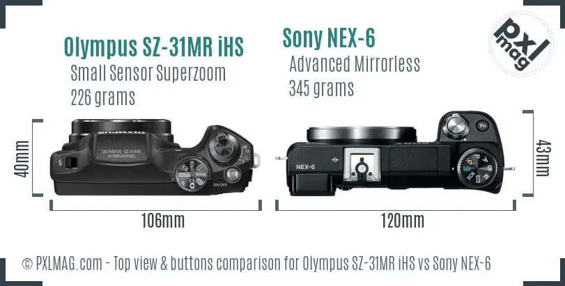 Olympus SZ-31MR iHS vs Sony NEX-6 top view buttons comparison