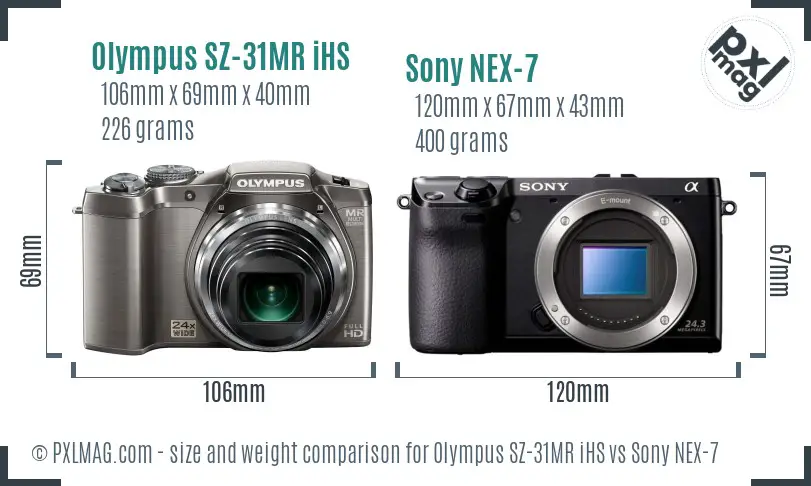 Olympus SZ-31MR iHS vs Sony NEX-7 size comparison