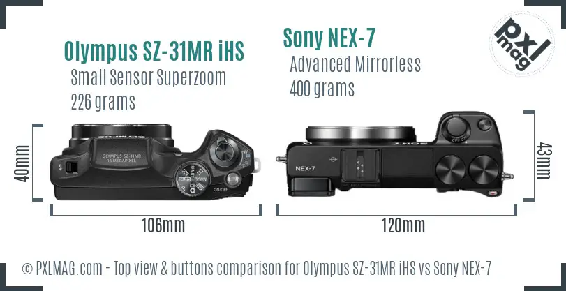 Olympus SZ-31MR iHS vs Sony NEX-7 top view buttons comparison