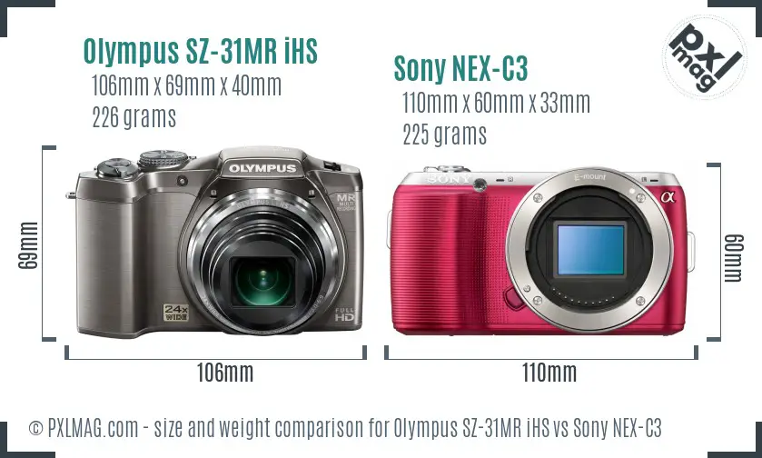 Olympus SZ-31MR iHS vs Sony NEX-C3 size comparison