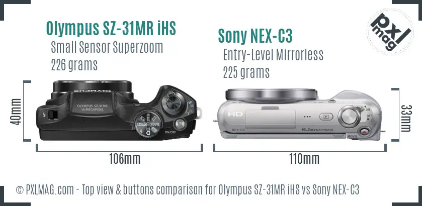 Olympus SZ-31MR iHS vs Sony NEX-C3 top view buttons comparison